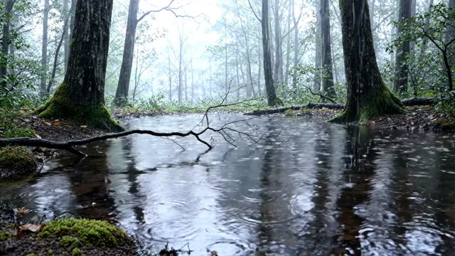 A dark woodland pool with a single reflected branch in rain
