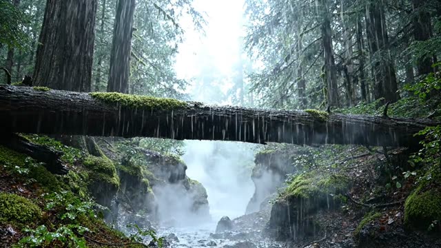 A fallen tree crossing a mist-filled forest ravine
