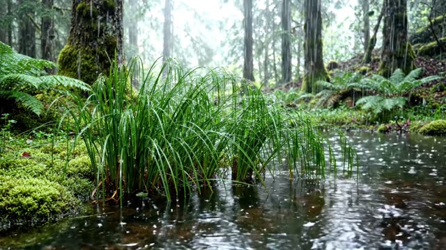 Rain on a colony of remote sedge in a dark forest