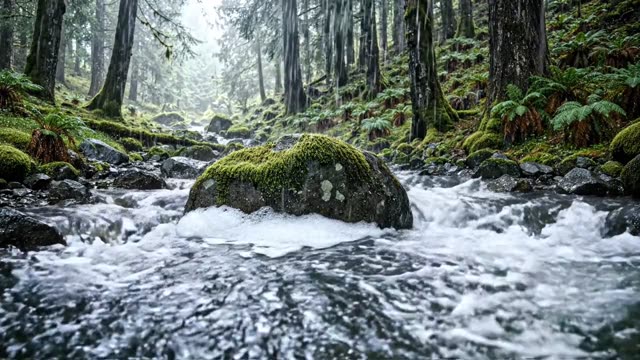 A forest stream in spate with a white foam collar around a boulder