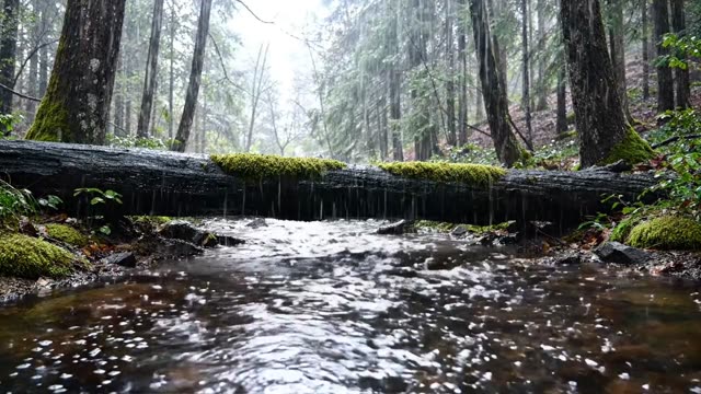 A dark forest stream disappearing under a mossy log bridge