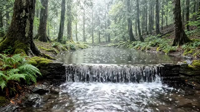 Rain on a mossy stone weir across a forest stream