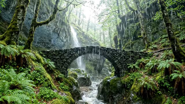 A narrow stone bridge over a dark forest gorge in rain