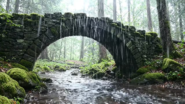 A mossy stone bridge arch over a dark forest stream