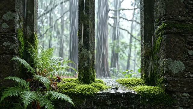 A mossy forest chapel window opening framing rain