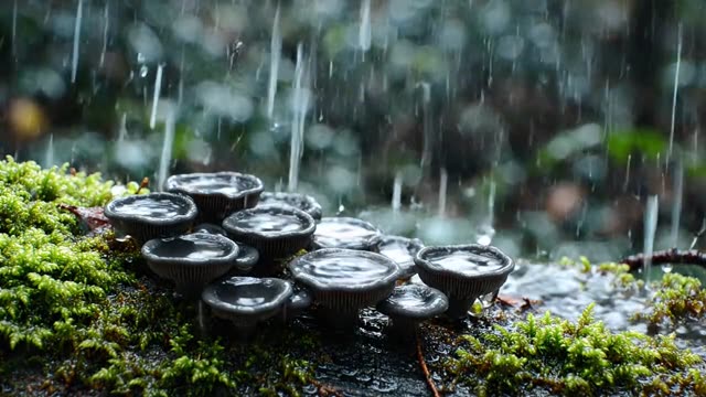 Tiny bird's nest fungi cups holding miniature pools