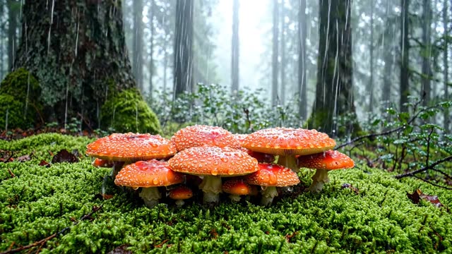 A ring of fly agaric caps in deep forest moss