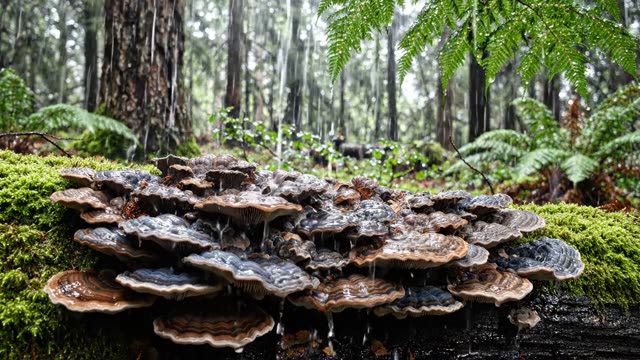 A carpet of turkey tail bracket fungus on a log
