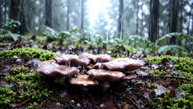 A colony of wood blewit mushrooms in deep leaf litter