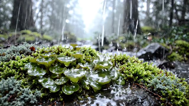 A colony of liverwort gemma cups filling with raindrops