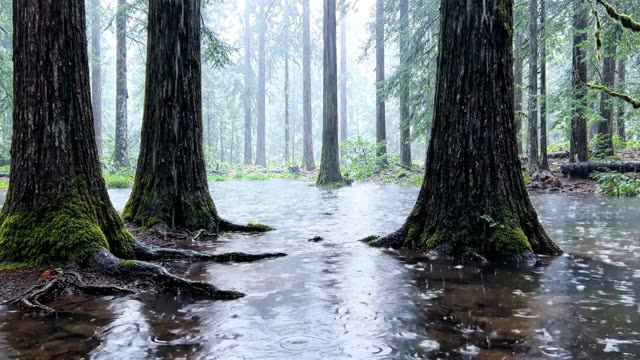A flooded forest floor with mist rising from the water (2)