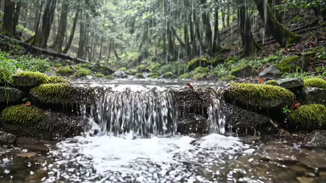 Rain flowing over stone weir