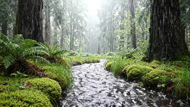 A forest drainage ditch running fast in heavy rain