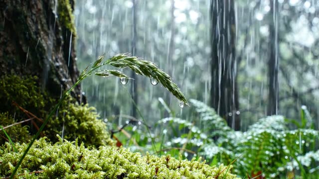 The tip of a grass spikelet bending under a raindrop