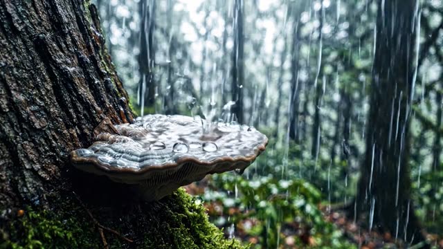 A rain drop impacting on the surface of a bracket fungus