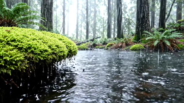 Fat drops falling from a saturated moss bank into a pool