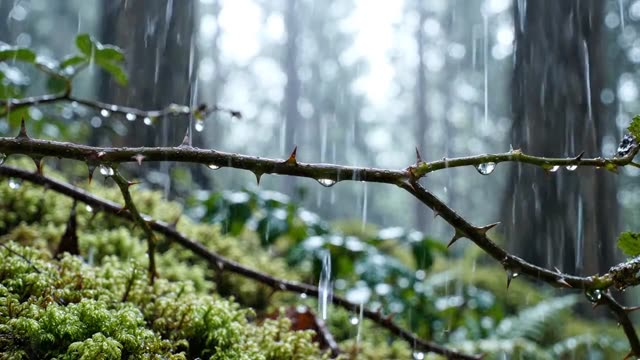 Trailing blackberry stems hung with raindrops on thorns