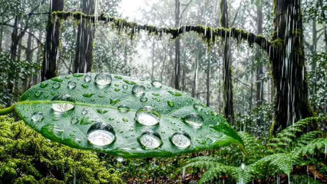 Rain drops in perfect spheres on a waxy leaf surface