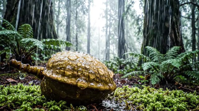 Rain drops on the silky surface of a nut husk