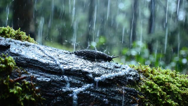 A dark wet slug trail catching the grey light
