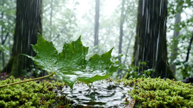 Rainwater collecting in the cupped palm of a large maple leaf