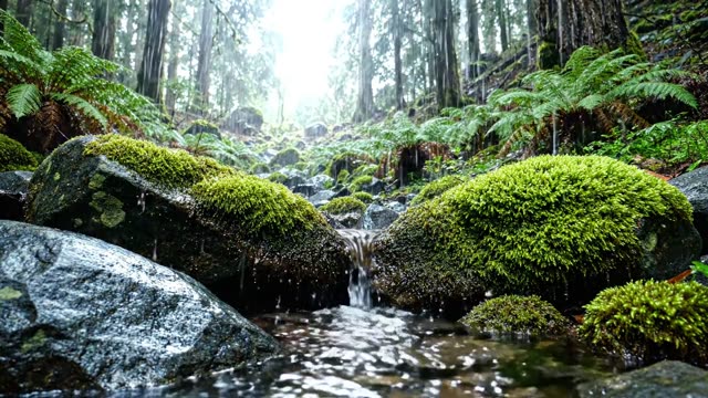 Rainwater flowing between mossy rocks