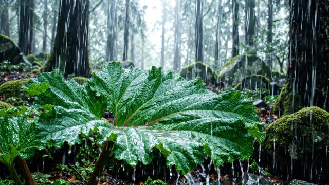 A single giant rhubarb leaf shedding rain