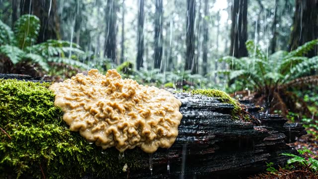 Pale yellow slime mould on a rotting log in rain