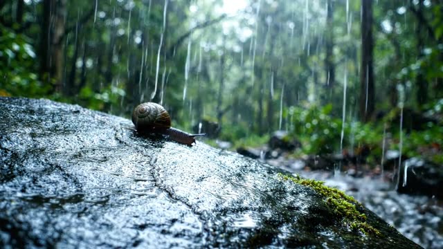 A glistening snail trail on dark wet stone