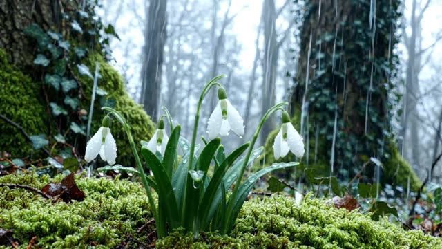 Snowdrop leaves bowing under steady rain