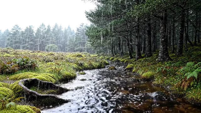A dark moorland stream entering a forest in rain