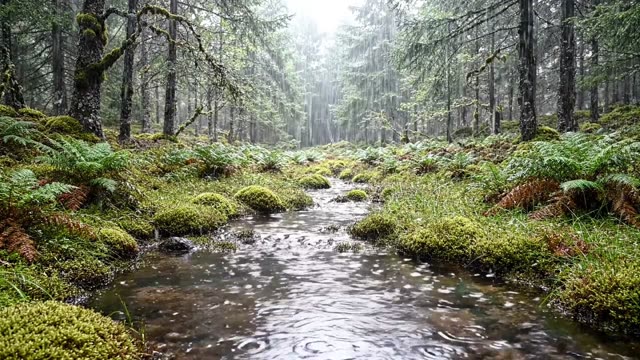 A forest highland stream in a narrow peat channel in rain