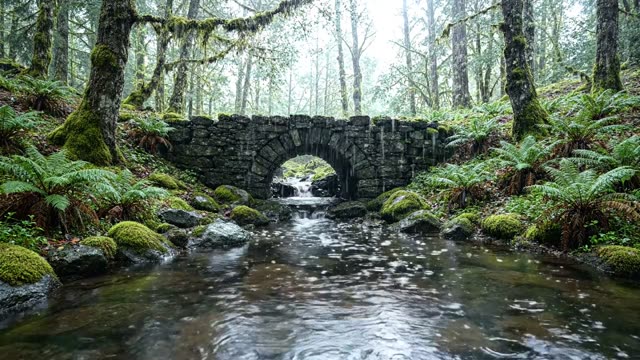 A forest stream running through a culvert of cut stone