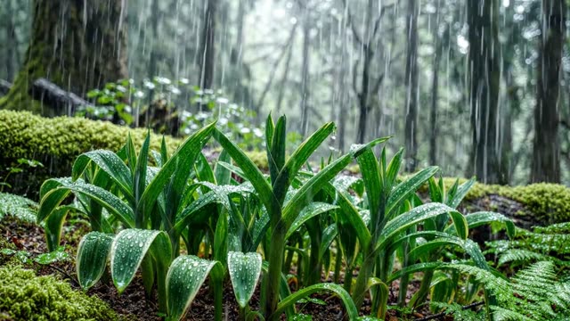 A dense colony of three-cornered leek in rain