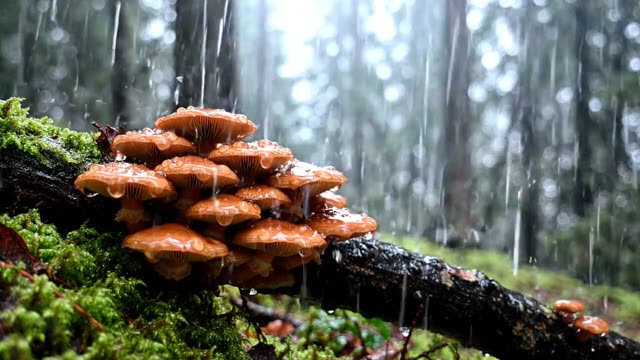 A cluster of velvet shank mushrooms on a dark winter branch