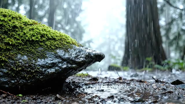 Water dripping from the lip of an upturned mossy stone