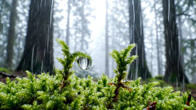 A water drop suspended between two moss shoots