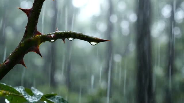A water drop suspended at the tip of a rose thorn