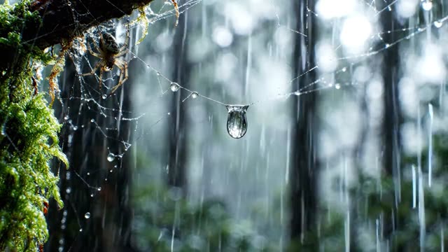 A pendant water drop on a single spider silk thread