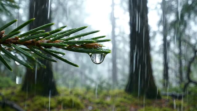 A single water droplet swelling on a pine needle tip
