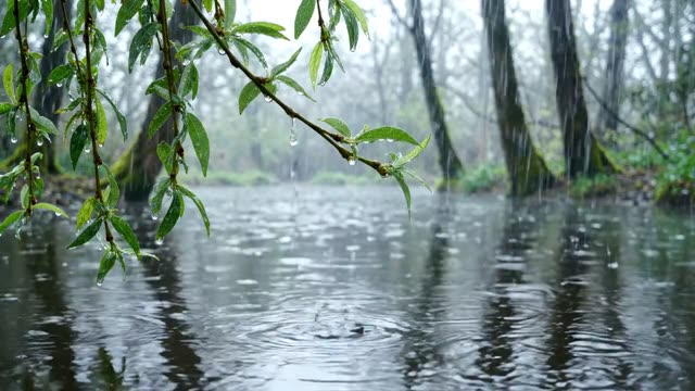 A chain of drops falling from a willow into still water