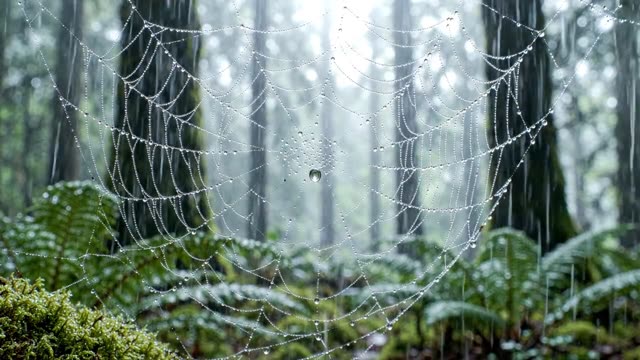 Water drops merging on a spider web strand