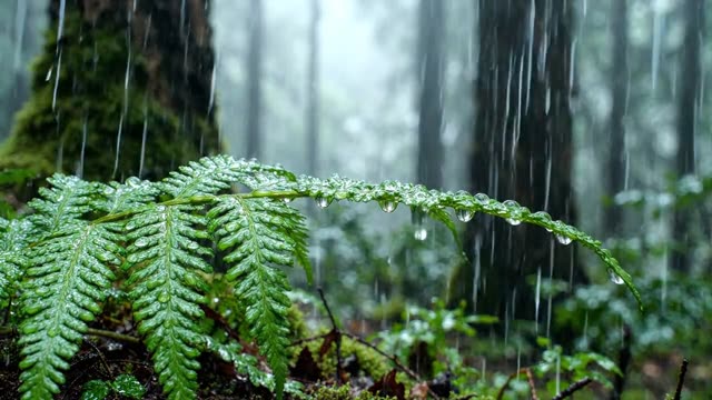 A line of water drops evenly spaced along a fallen fern frond