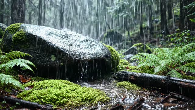 A dark forest seepage emerging from under a boulder