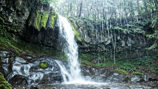 A curtain of water falling from a moss-edge cliff in rain