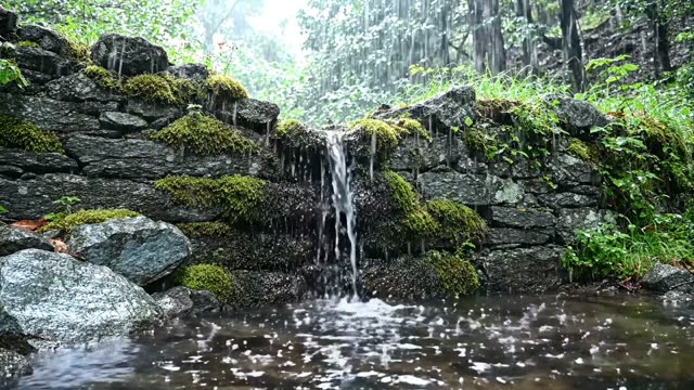 A tiny waterfall threading from a gap in a stone wall
