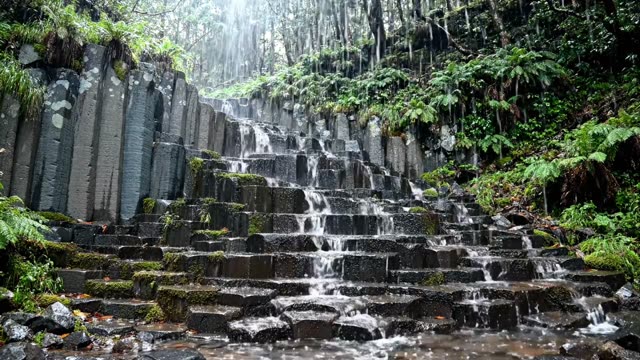 A series of water staircases down a forest basalt column