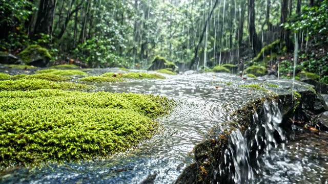 A slow overflow of water across a flat mossy rock shelf