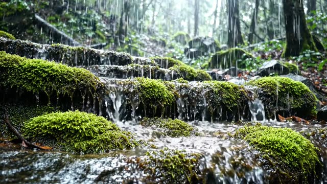 A series of tiny cascades over stepped mossy rocks
