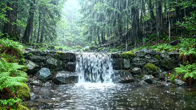 A rough stone dam across a forest stream in rain
